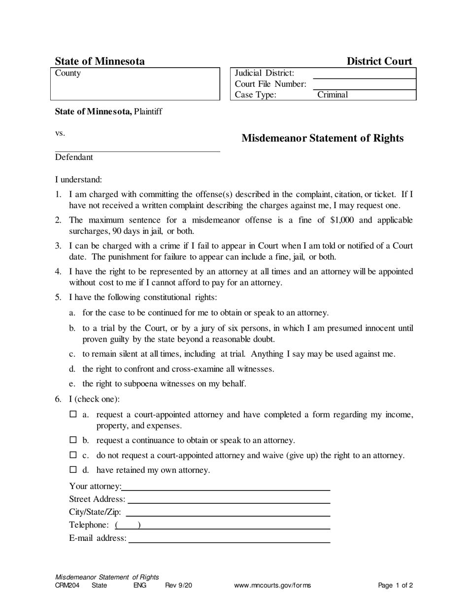 Form CRM204 Misdemeanor Statement of Rights - Minnesota, Page 1