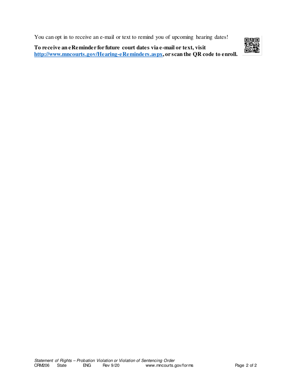 Form CRM206 Probation Violation or Violation of Sentencing Order Statement of Rights - Minnesota, Page 2