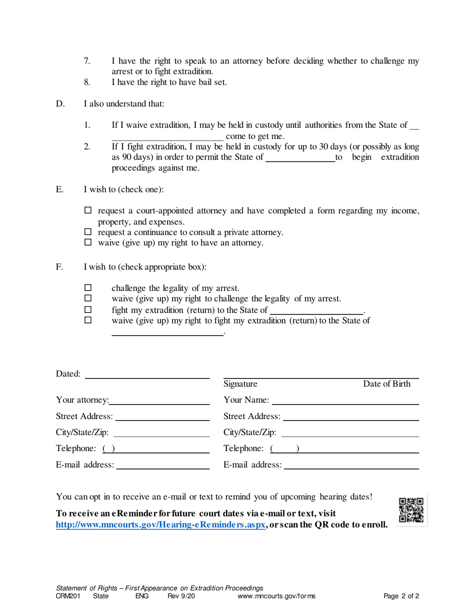 Form CRM201 Statement of Rights First Court Appearance on Extradition Proceedings - Minnesota, Page 2
