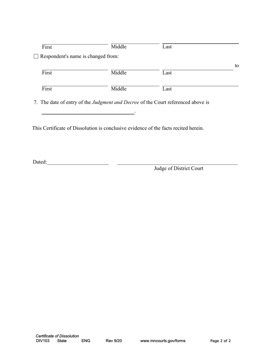 Form DIV103 Certificate of Dissolution - Minnesota, Page 2