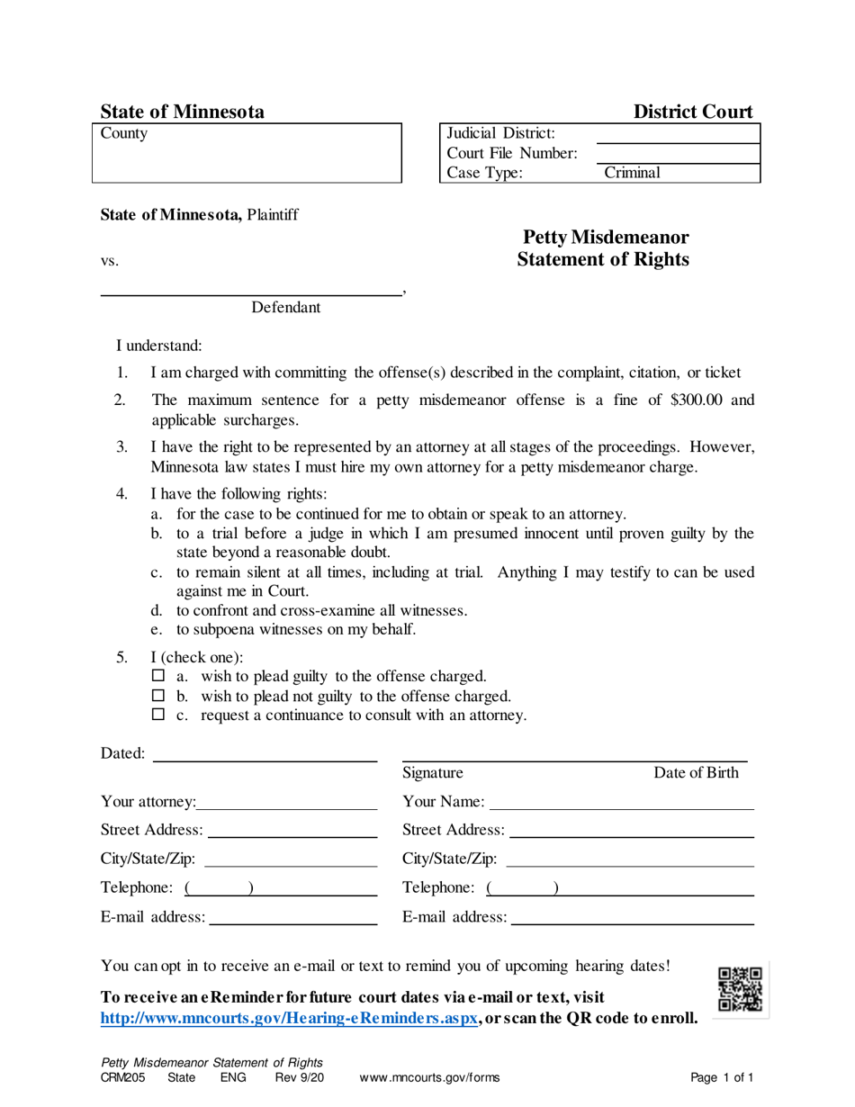 Form CRM205 Petty Misdemeanor Statement of Rights - Minnesota, Page 1