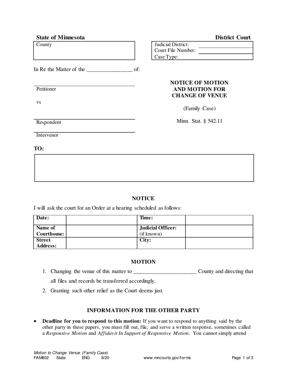 Form FAM802 Notice of Motion and Motion for Change of Venue (Family Case) - Minnesota, Page 1