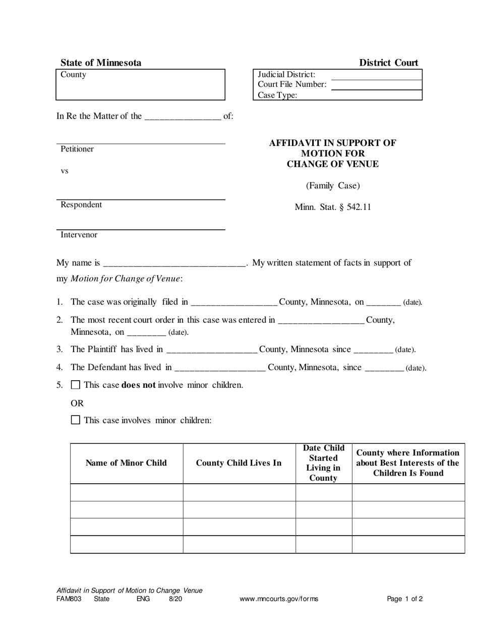 Form FAM803 Affidavit in Support of Motion for Change of Venue (Family Case) - Minnesota, Page 1