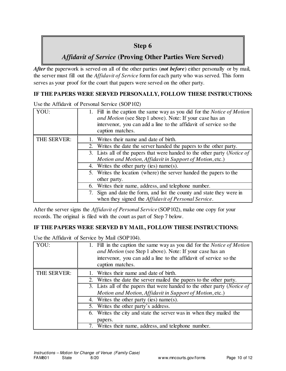 Form FAM801 Instructions - Motion for Change of Venue (Family Case) - Minnesota, Page 10