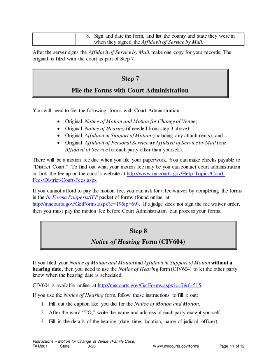 Form FAM801 Instructions - Motion for Change of Venue (Family Case) - Minnesota, Page 11