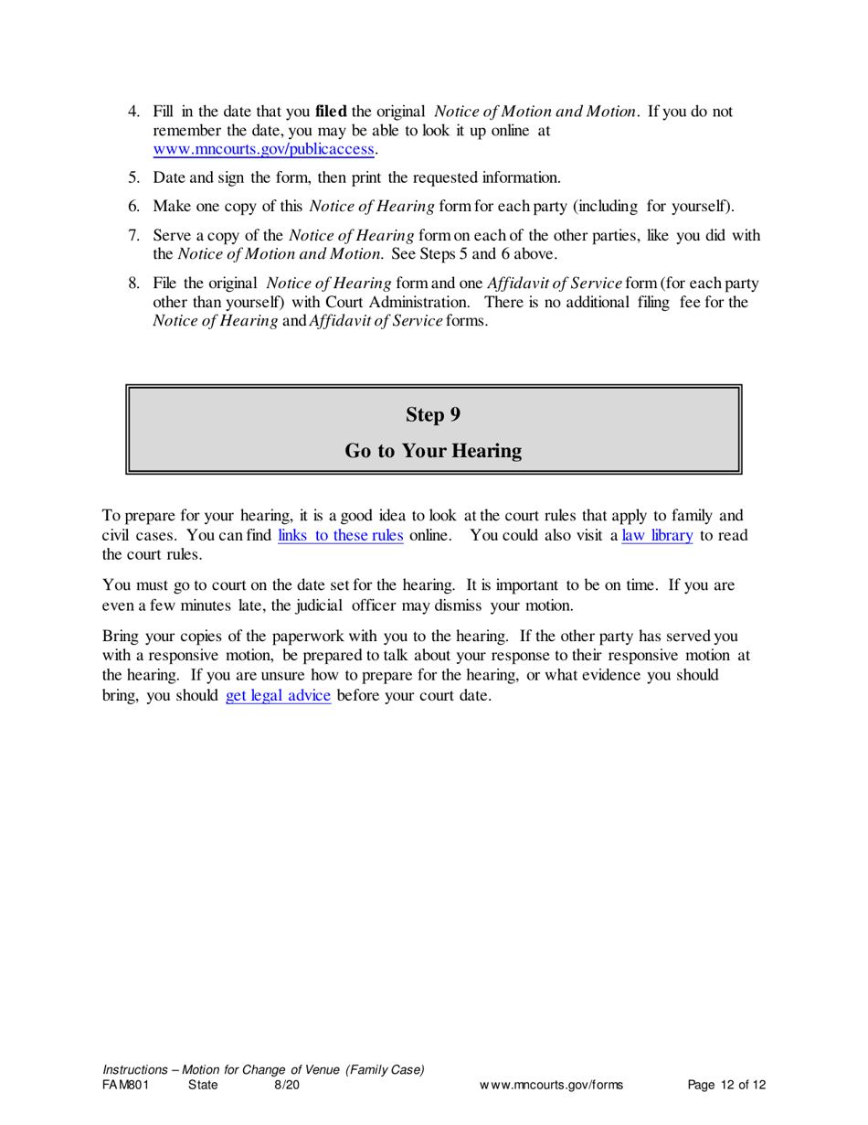 Form FAM801 Instructions - Motion for Change of Venue (Family Case) - Minnesota, Page 12