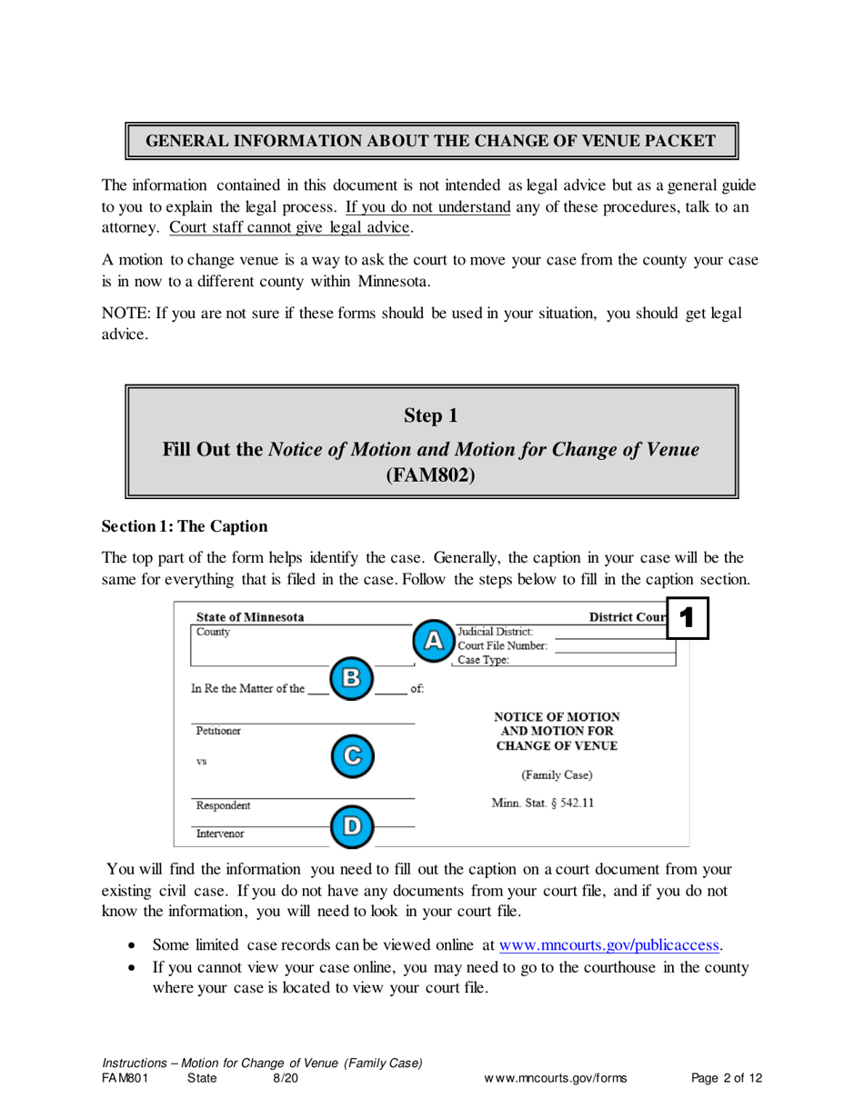 Form FAM801 Instructions - Motion for Change of Venue (Family Case) - Minnesota, Page 2