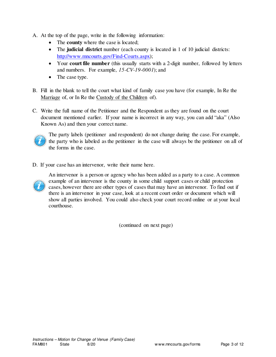Form FAM801 Instructions - Motion for Change of Venue (Family Case) - Minnesota, Page 3