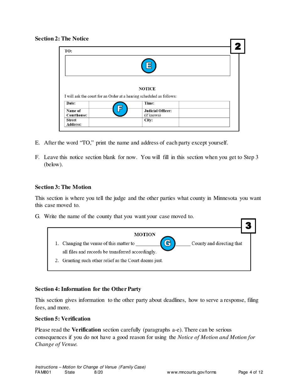 Form FAM801 Instructions - Motion for Change of Venue (Family Case) - Minnesota, Page 4