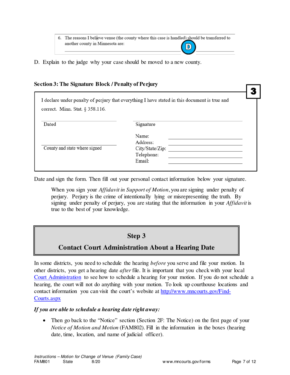 Form FAM801 Instructions - Motion for Change of Venue (Family Case) - Minnesota, Page 7