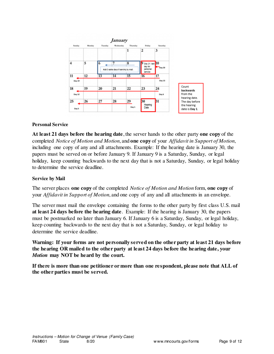 Form FAM801 Instructions - Motion for Change of Venue (Family Case) - Minnesota, Page 9