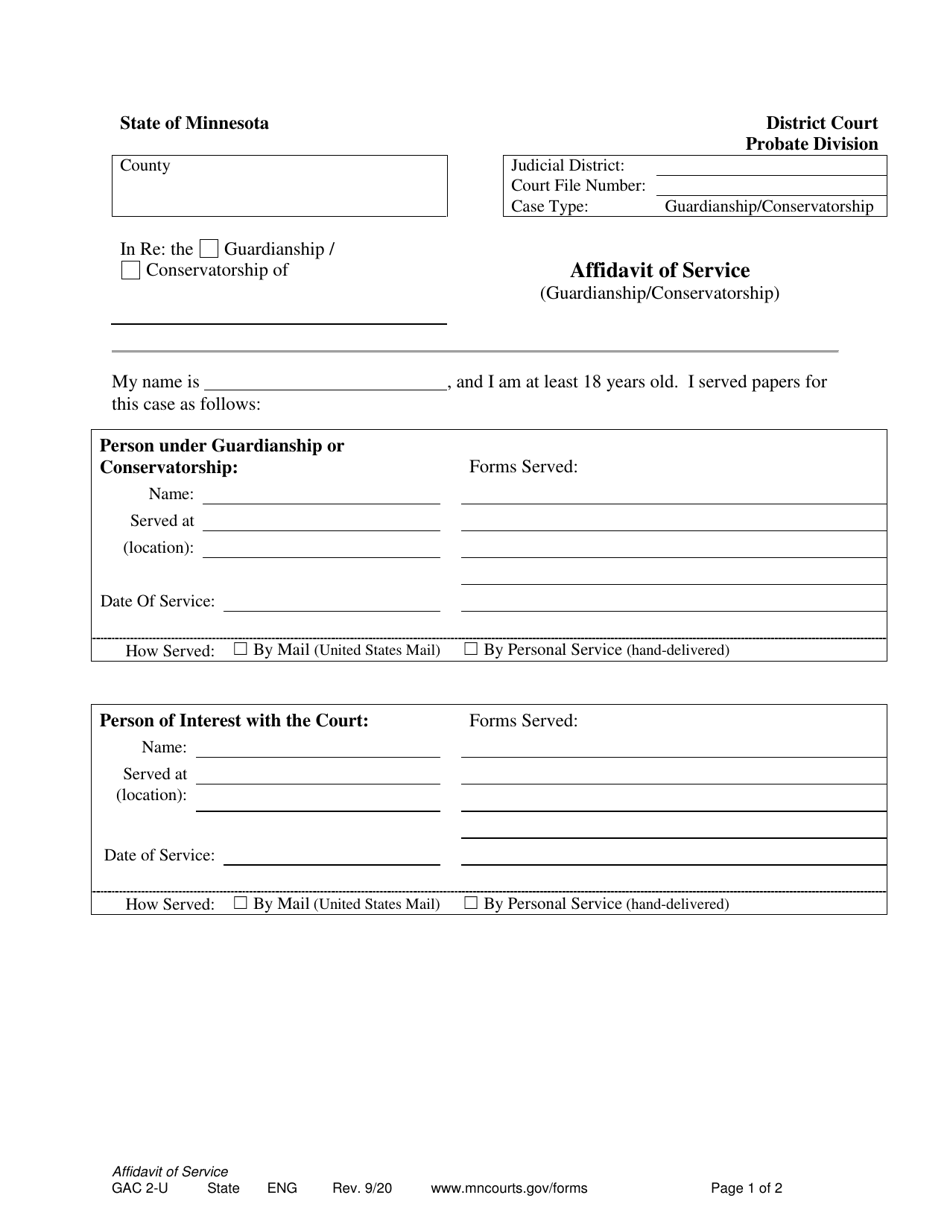 Form GAC2-U Affidavit of Service (Guardianship / Conservatorship) - Minnesota, Page 1