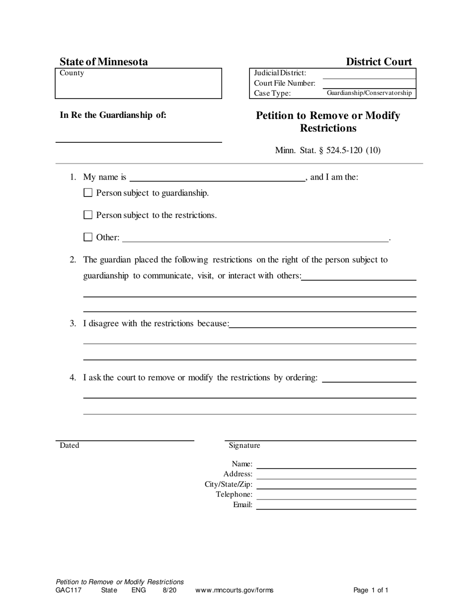 Form GAC117 Petition to Remove or Modify Restrictions - Minnesota, Page 1