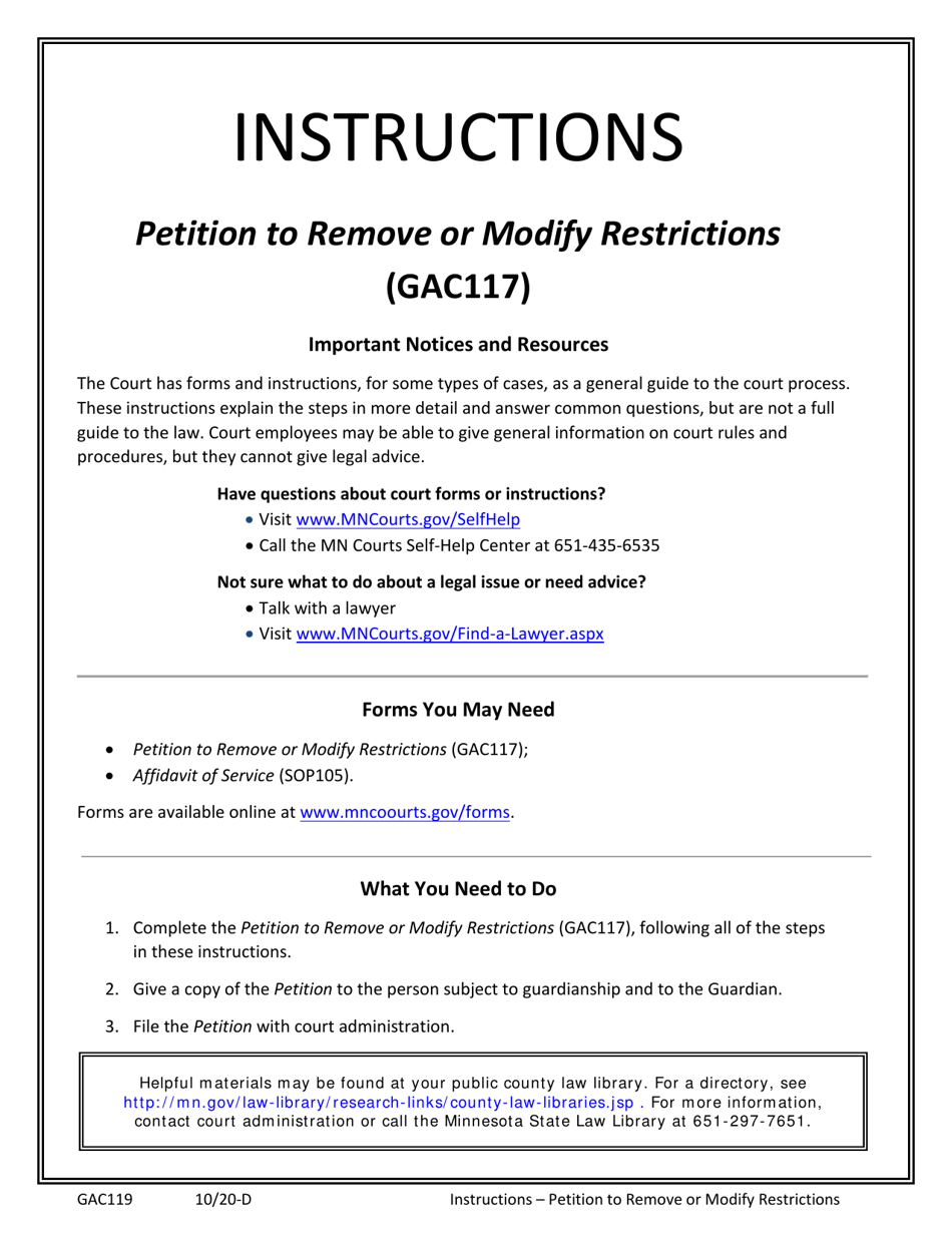 Instructions for Form GAC117 Petition to Remove or Modify Restrictions - Minnesota, Page 1