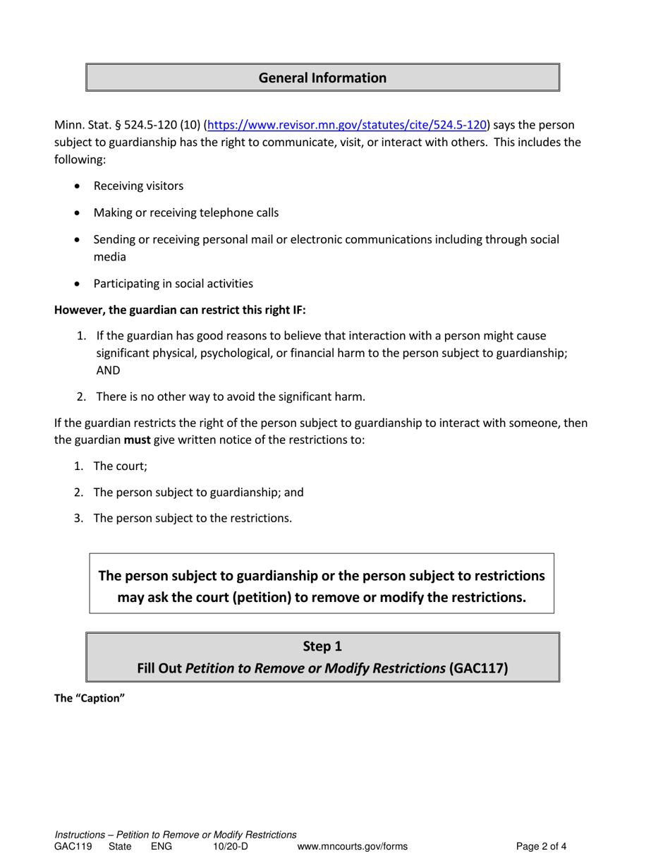 Instructions for Form GAC117 Petition to Remove or Modify Restrictions - Minnesota, Page 2