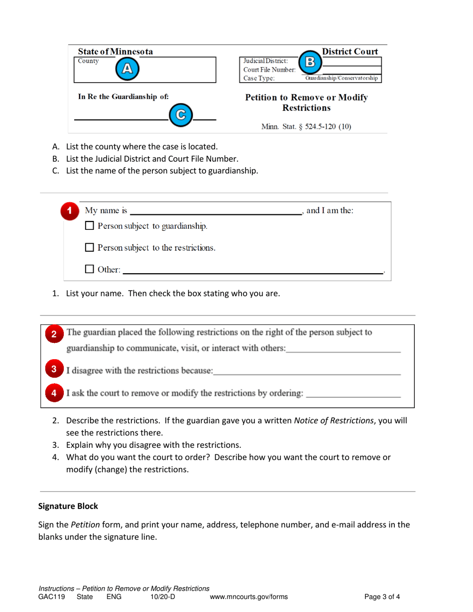 Instructions for Form GAC117 Petition to Remove or Modify Restrictions - Minnesota, Page 3