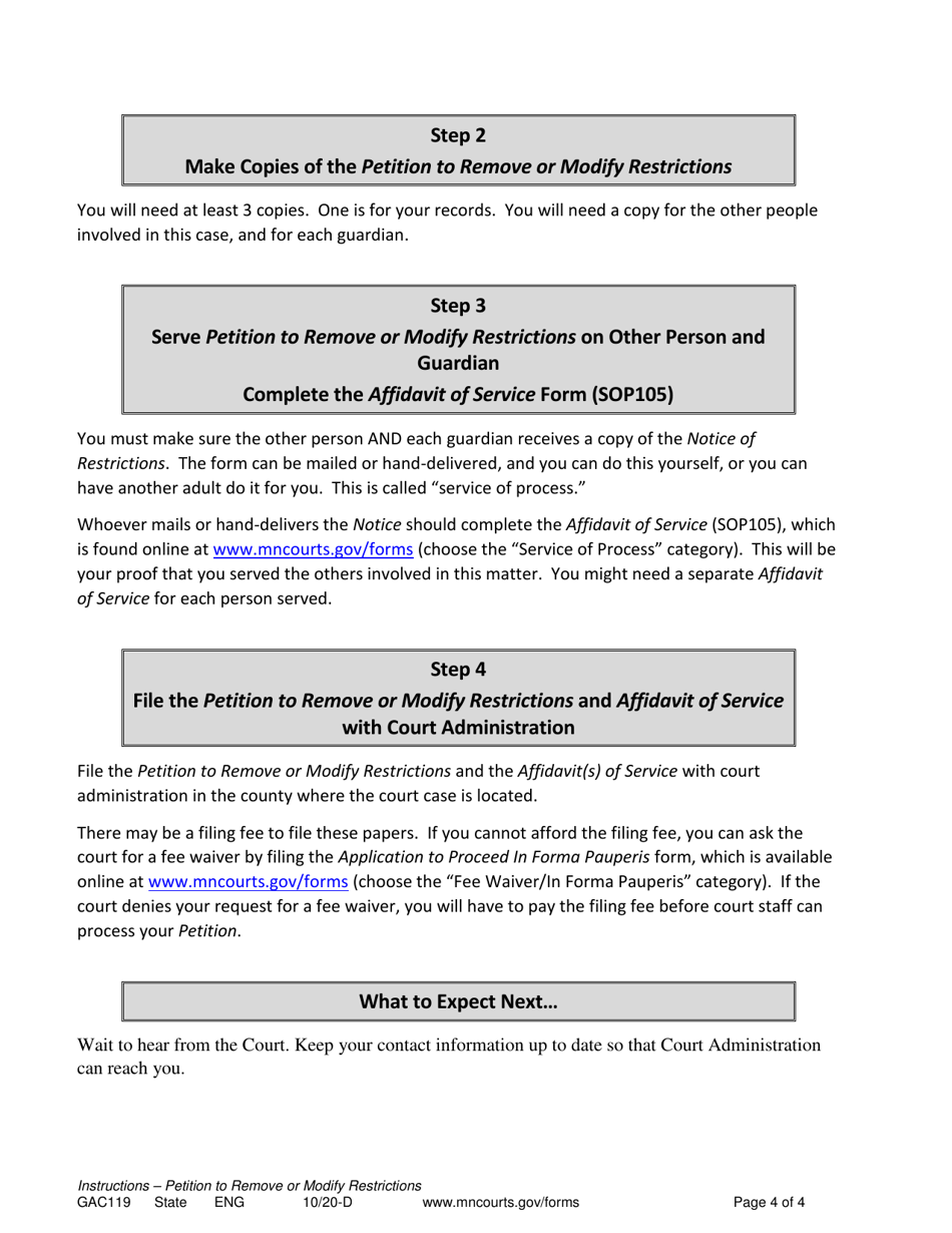 Instructions for Form GAC117 Petition to Remove or Modify Restrictions - Minnesota, Page 4