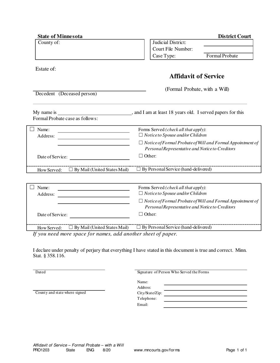 Form PRO1203 Affidavit of Service (Formal Probate, With a Will) - Minnesota, Page 1