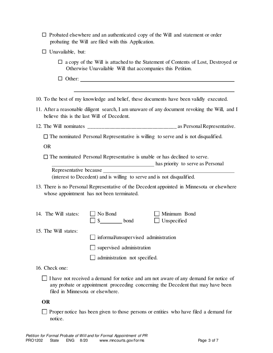 Form PRO1202 Petition for Formal Probate of Will and for Formal Appointment of Personal Representative - Minnesota, Page 3