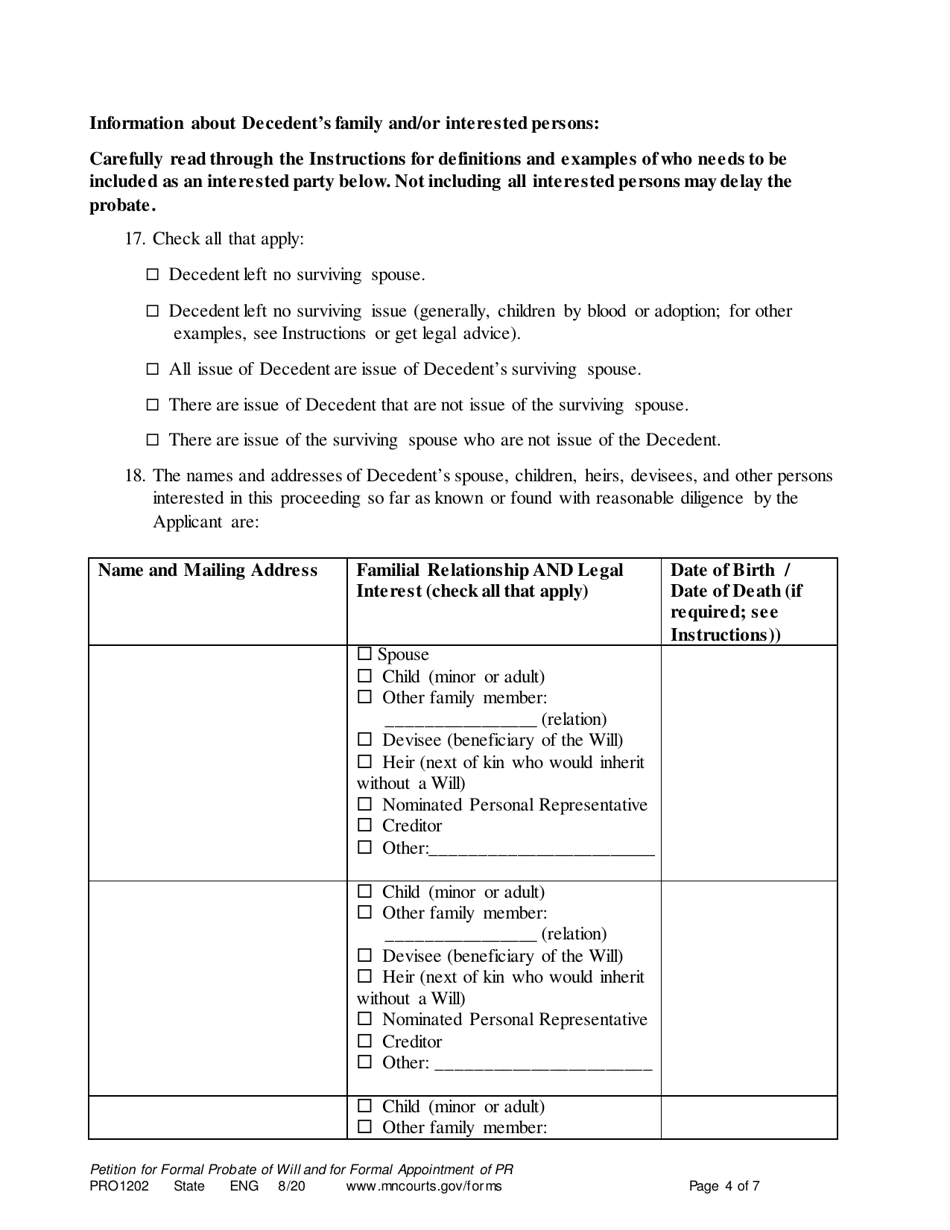 Form PRO1202 Petition for Formal Probate of Will and for Formal Appointment of Personal Representative - Minnesota, Page 4