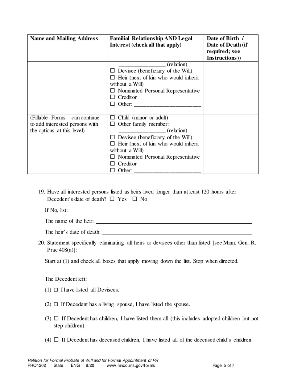 Form PRO1202 Petition for Formal Probate of Will and for Formal Appointment of Personal Representative - Minnesota, Page 5