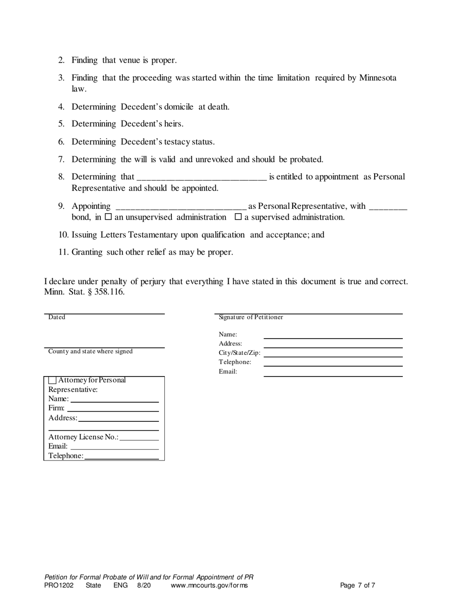 Form PRO1202 Petition for Formal Probate of Will and for Formal Appointment of Personal Representative - Minnesota, Page 7