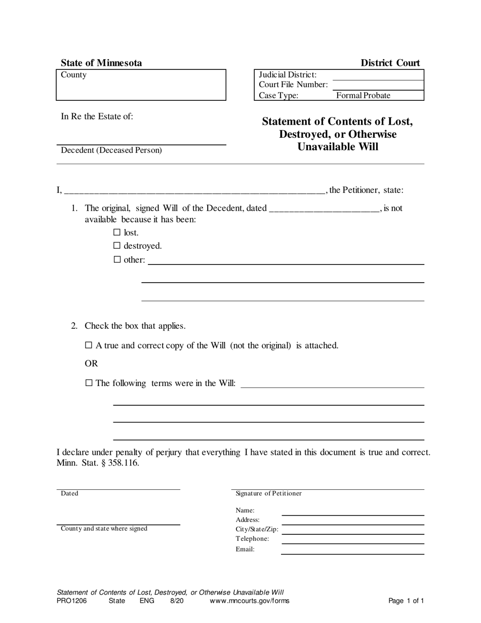 Form PRO1206 Statement of Contents of Lost, Destroyed, or Otherwise Unavailable Will - Minnesota, Page 1