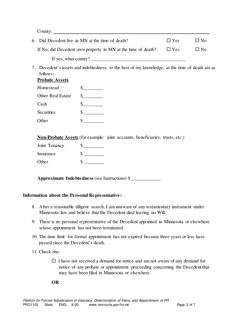 Form PRO1102 Petition for Formal Adjudication of Intestacy, Determination of Heirs, and Appointment of Personal Representative - Minnesota, Page 2