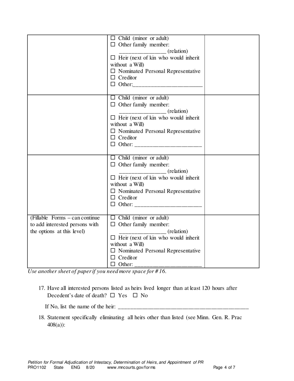Form PRO1102 Petition for Formal Adjudication of Intestacy, Determination of Heirs, and Appointment of Personal Representative - Minnesota, Page 4