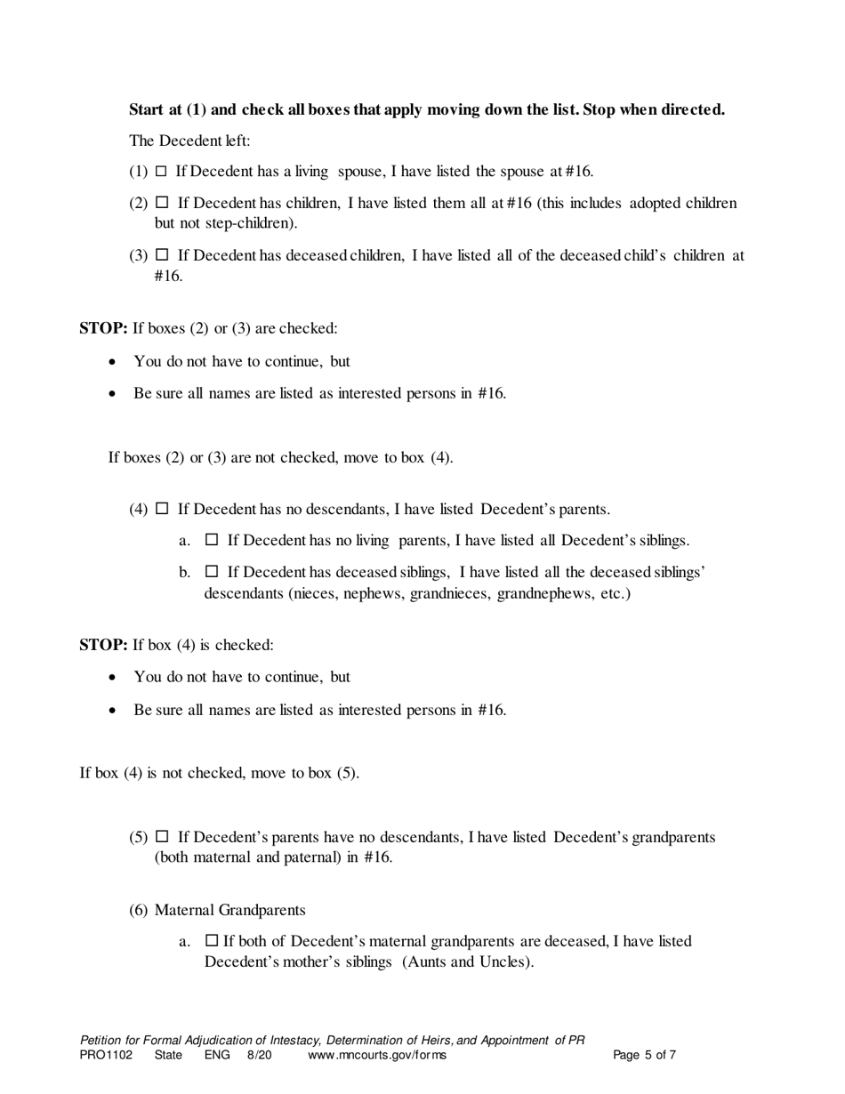 Form PRO1102 Petition for Formal Adjudication of Intestacy, Determination of Heirs, and Appointment of Personal Representative - Minnesota, Page 5
