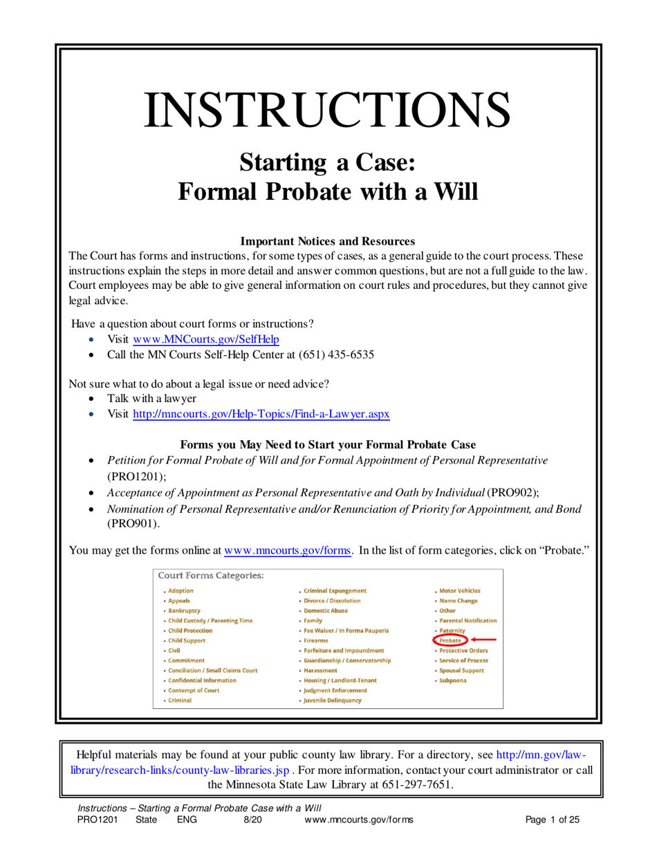 Form PRO1201 Instructions - Starting a Case: Formal Probate With a Will - Minnesota, Page 1