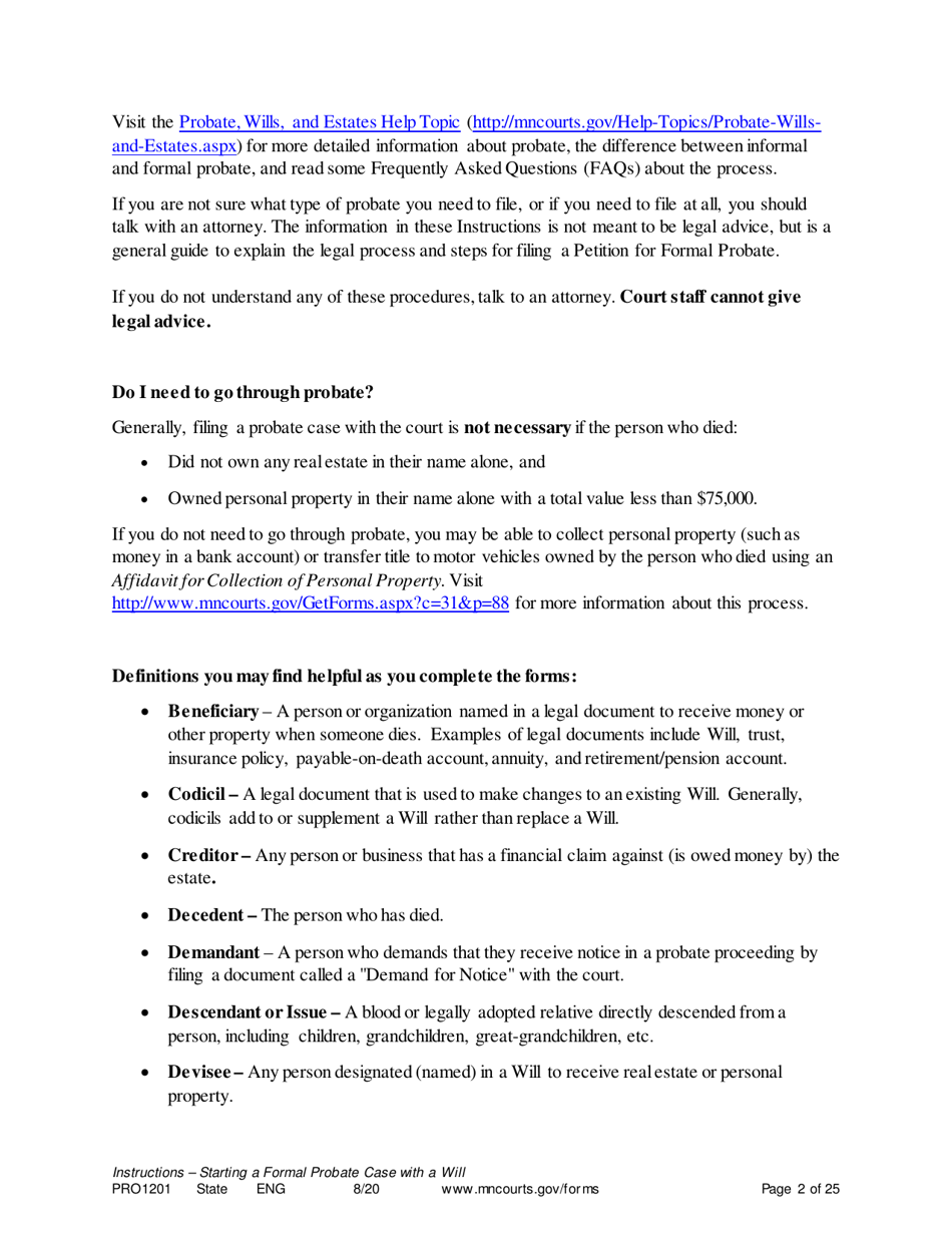 Form PRO1201 Instructions - Starting a Case: Formal Probate With a Will - Minnesota, Page 2