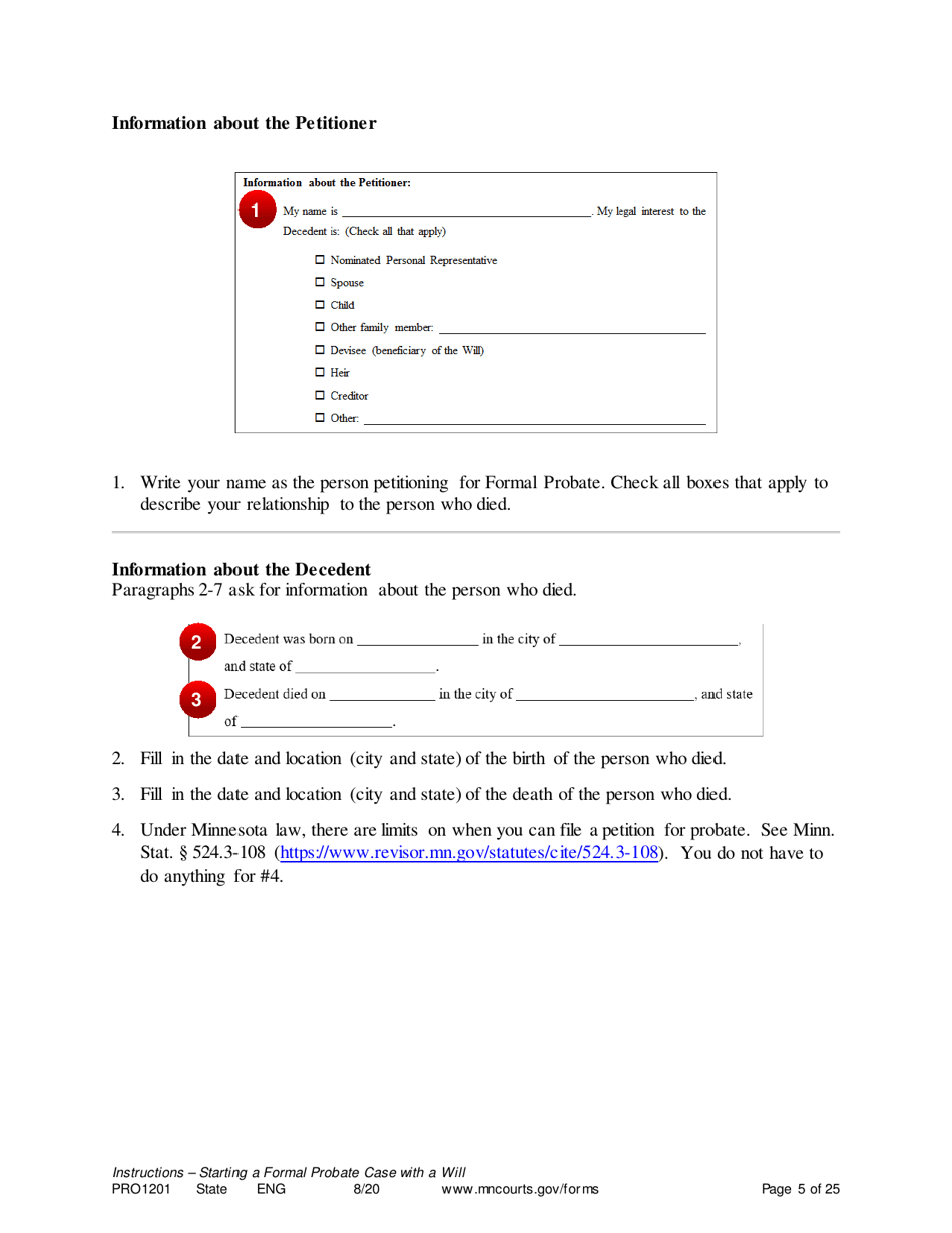 Form PRO1201 Instructions - Starting a Case: Formal Probate With a Will - Minnesota, Page 5