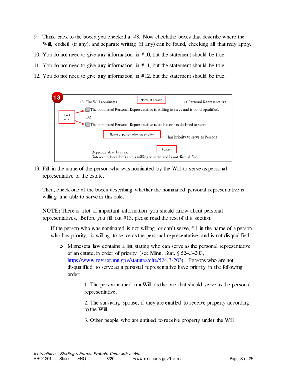 Form PRO1201 Instructions - Starting a Case: Formal Probate With a Will - Minnesota, Page 8