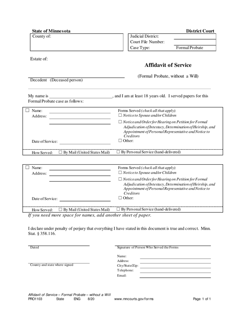Form PRO1103 Affidavit of Service (Formal Probate, Without a Will) - Minnesota