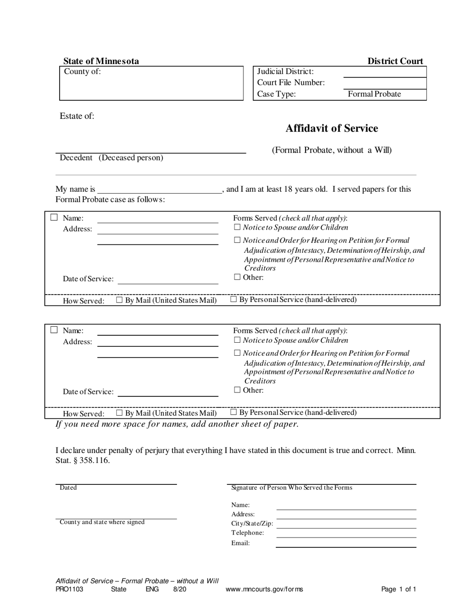 Form PRO1103 Affidavit of Service (Formal Probate, Without a Will) - Minnesota, Page 1