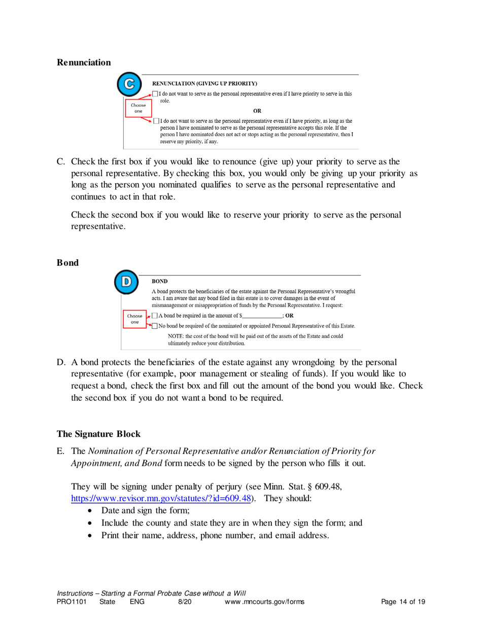 Form PRO1101 Instructions - Starting a Case: Formal Probate Without a Will - Minnesota, Page 14