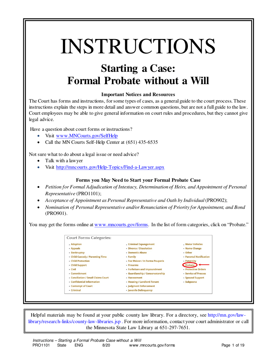 Form PRO1101 Instructions - Starting a Case: Formal Probate Without a Will - Minnesota, Page 1