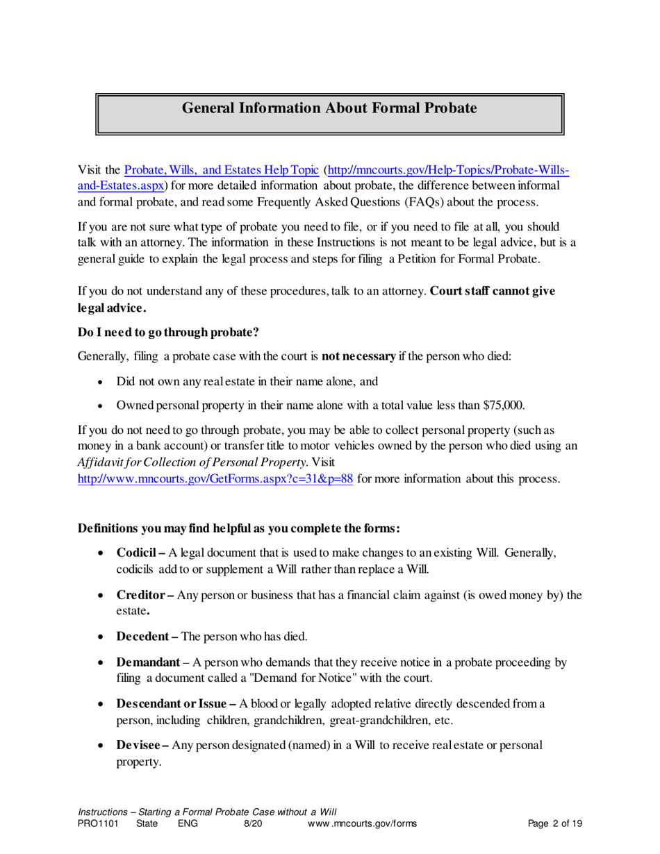 Form PRO1101 Instructions - Starting a Case: Formal Probate Without a Will - Minnesota, Page 2