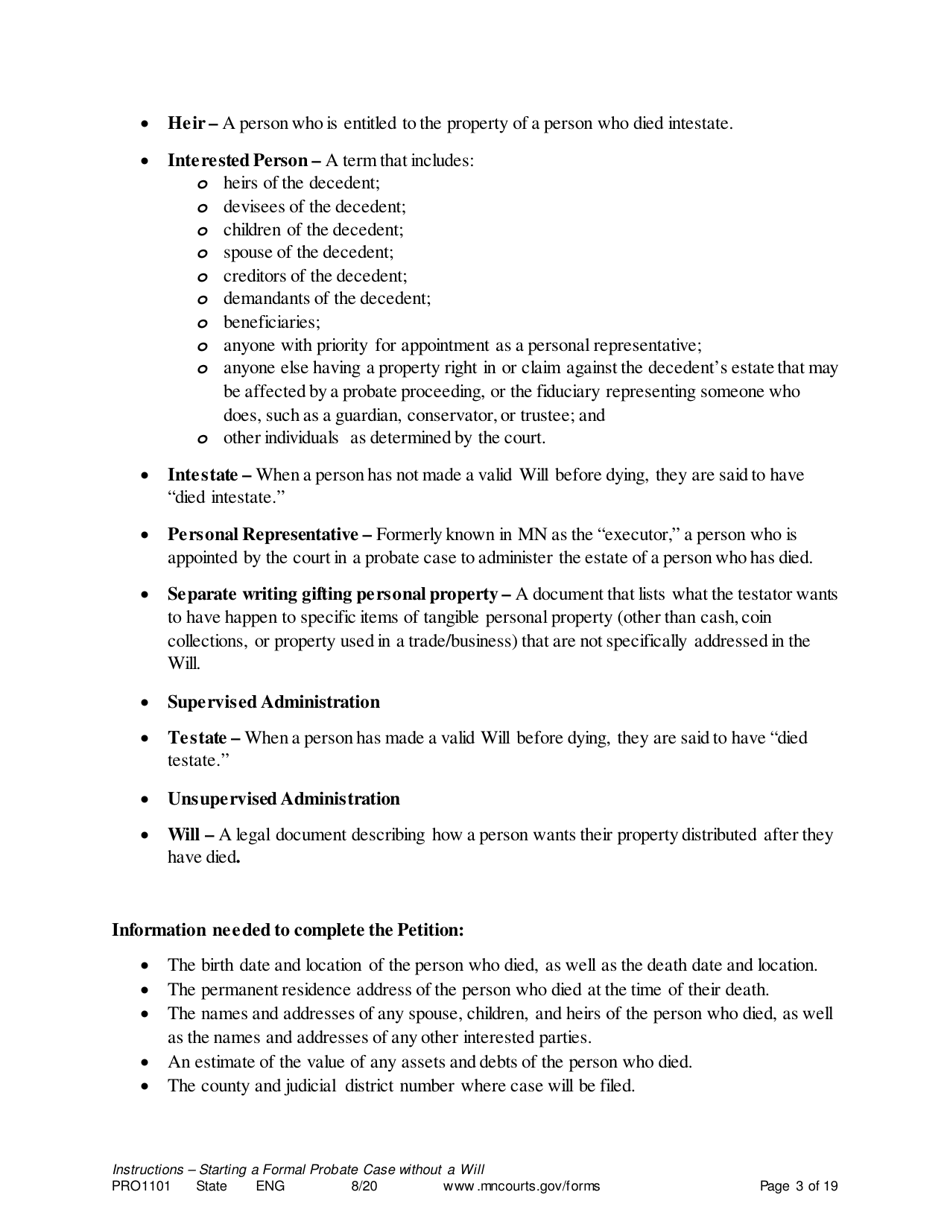 Form PRO1101 Instructions - Starting a Case: Formal Probate Without a Will - Minnesota, Page 3