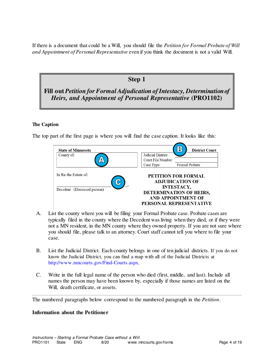 Form PRO1101 Instructions - Starting a Case: Formal Probate Without a Will - Minnesota, Page 4