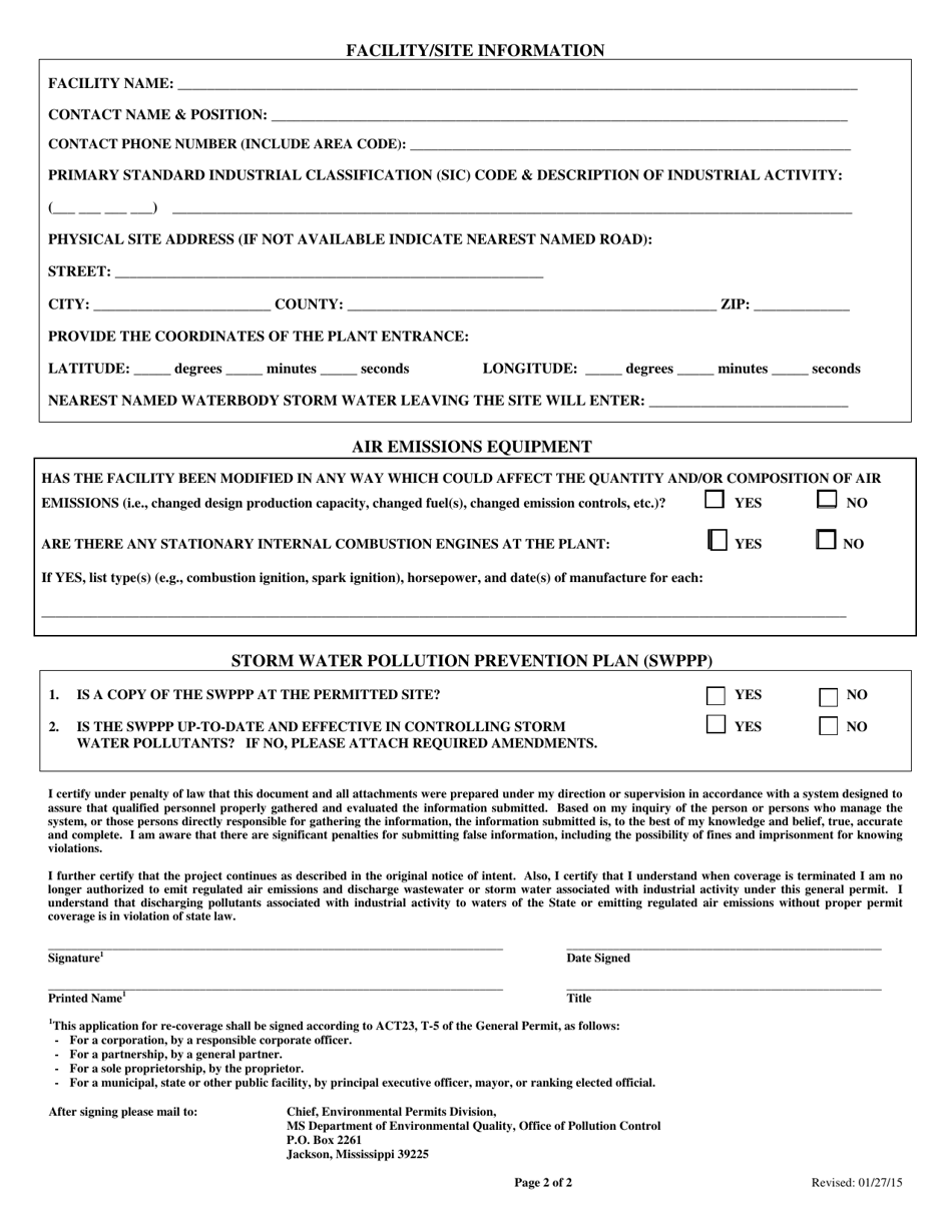 Hot Mix Asphalt General Permit Re-coverage Form - Mississippi, Page 2