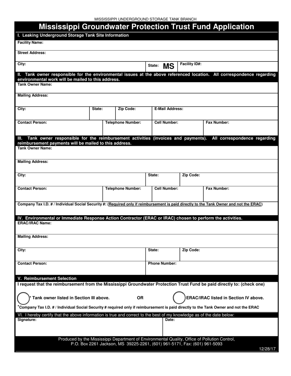 Mississippi Groundwater Protection Trust Fund Application - Mississippi, Page 1