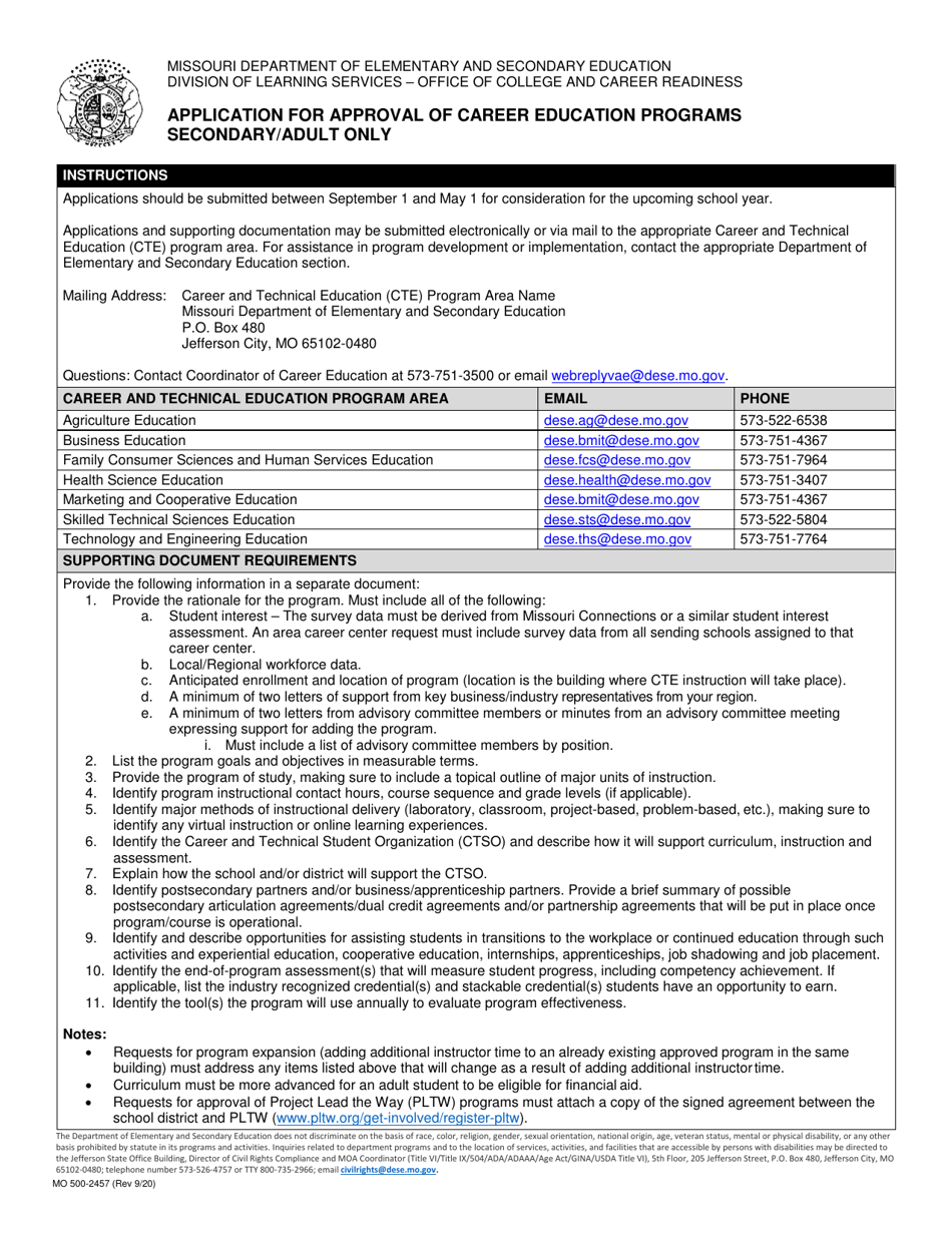 Form MO500-2457 Application for Approval of Career Education Programs Secondary / Adult Only - Missouri, Page 1
