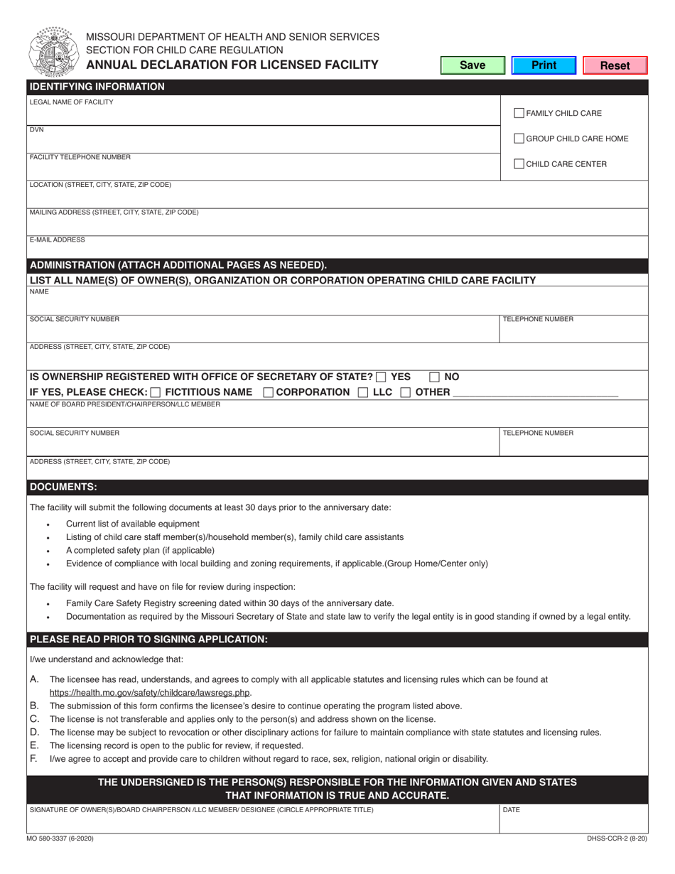 Form MO580-3337 Annual Declaration for Licensed Facility - Missouri, Page 1