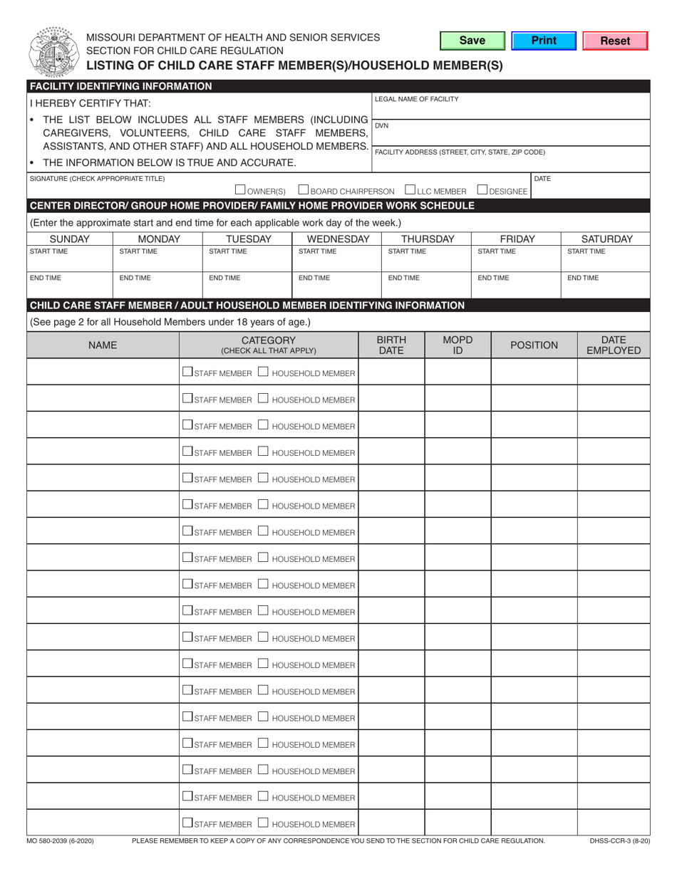 Form MO580-2039 Listing of Child Care Staff Member(S)/Household Member(S) - Missouri, Page 1
