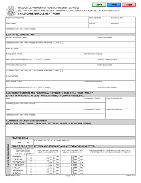 Form MO580-2994 Child Care Enrollment Form - Missouri