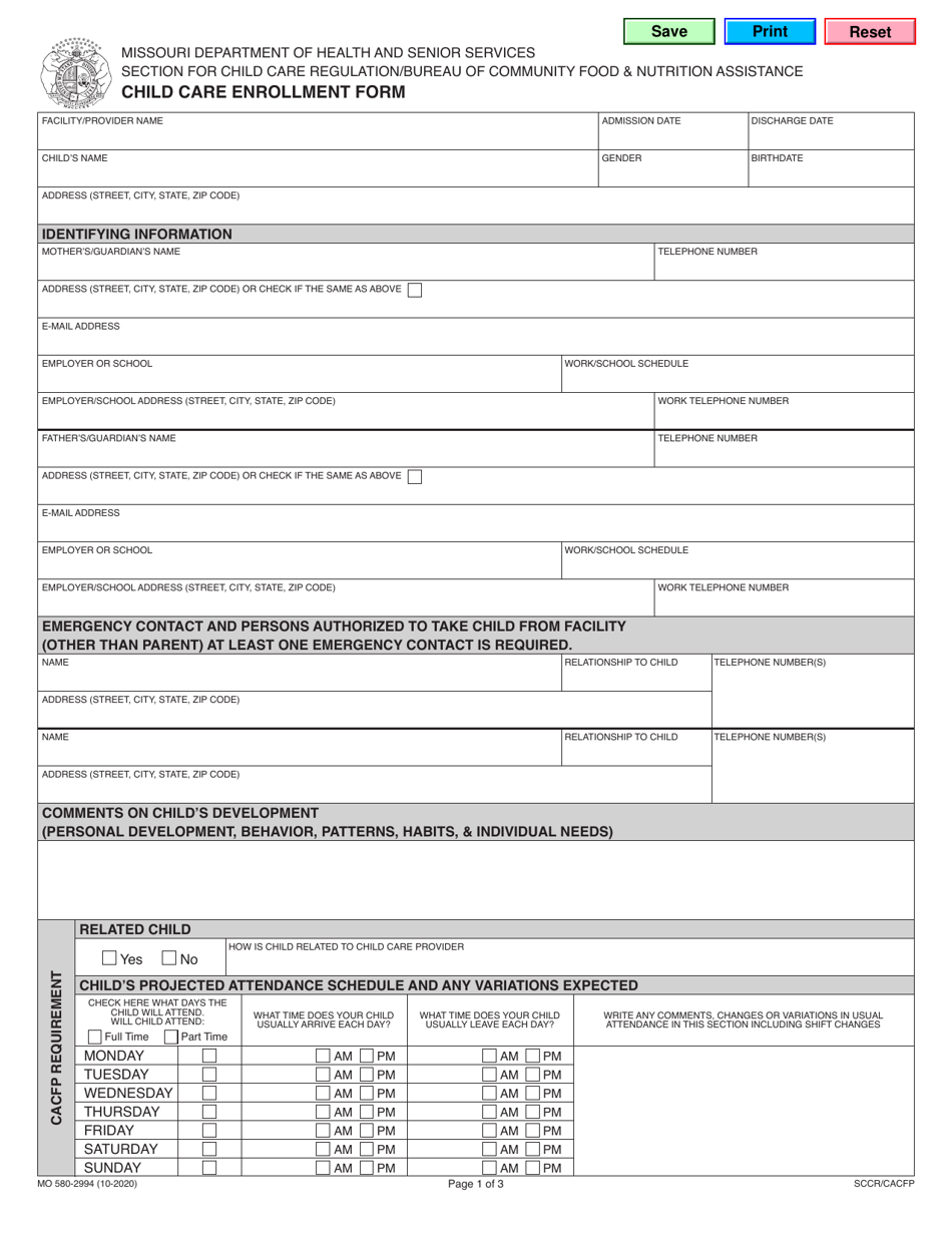 Form MO580-2994 Child Care Enrollment Form - Missouri, Page 1