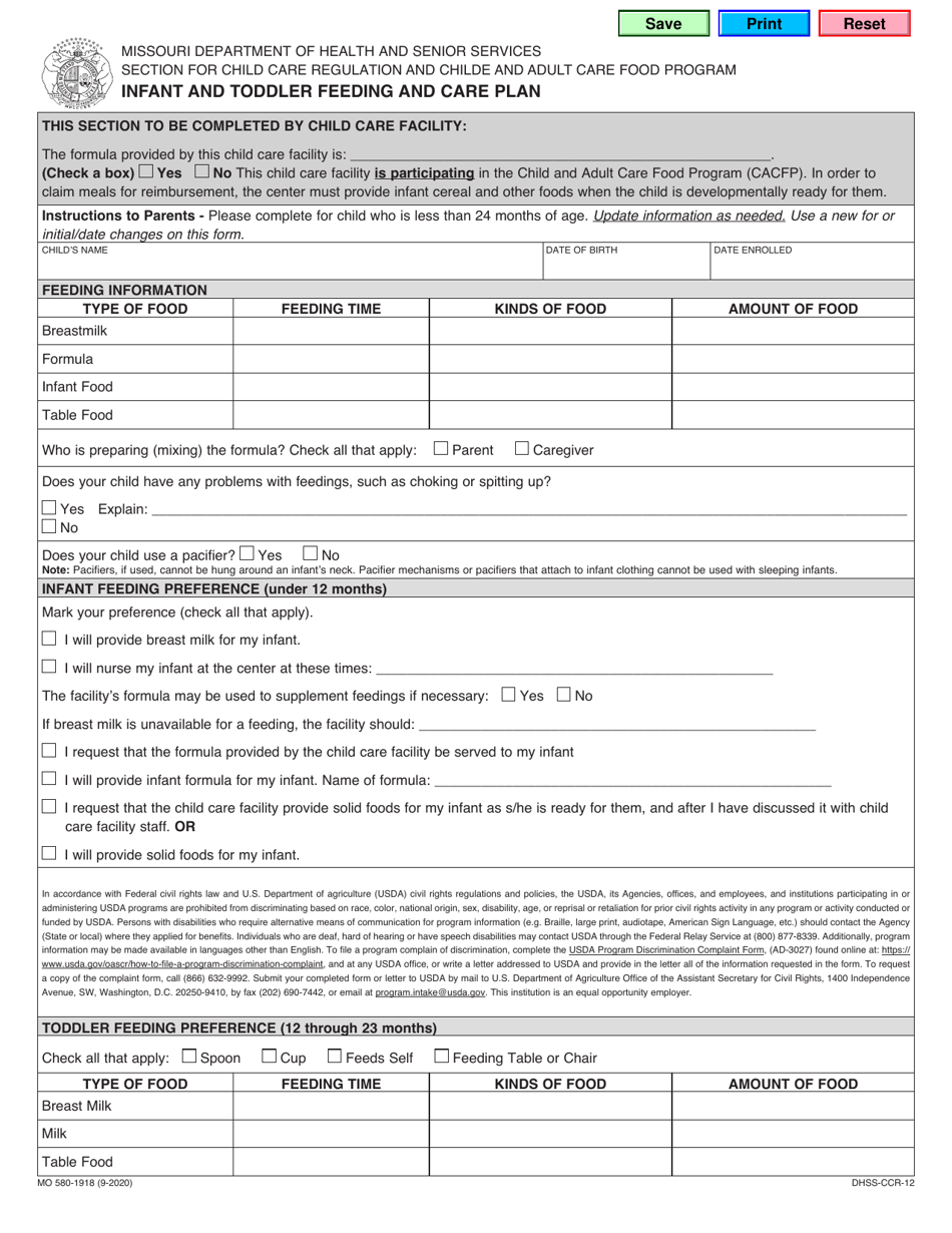 Form MO580 1918 DHSS CCR 12 Fill Out Sign Online And Download   Form Mo580 1918 Dhss Ccr 12 Infant And Toddler Feeding And Care Plan Missouri Print Big 