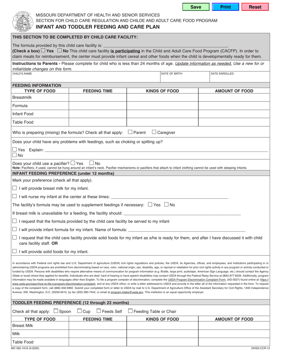 Form MO580-1918 (DHSS-CCR-12) Infant and Toddler Feeding and Care Plan - Missouri, Page 1